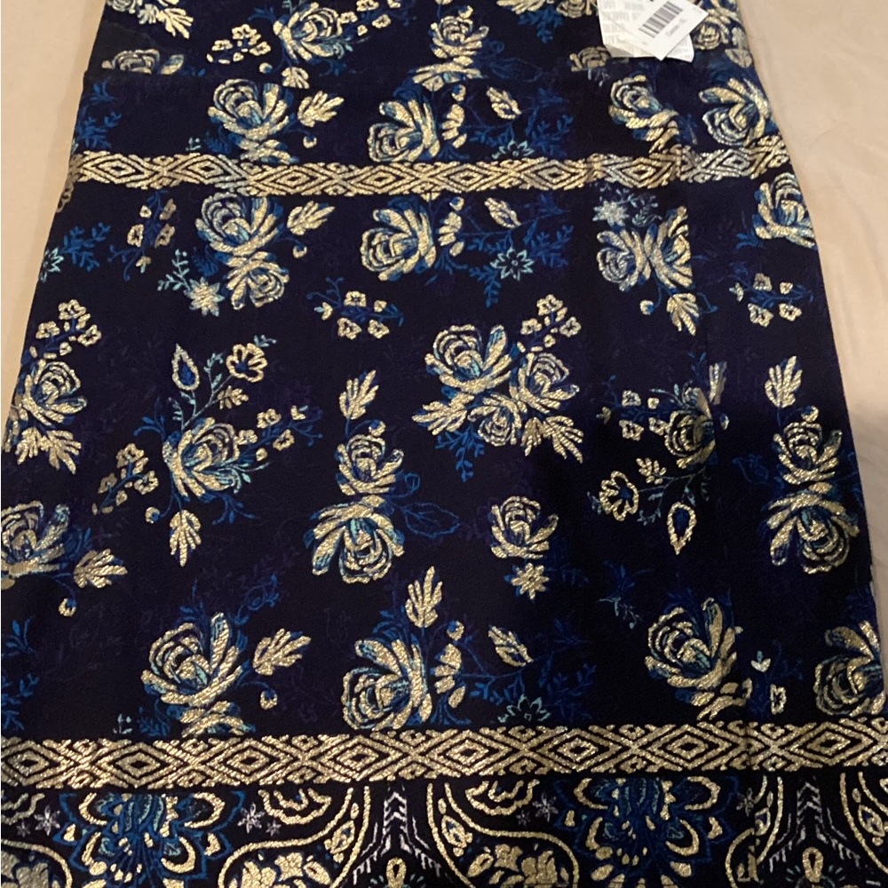 Lularoe Cassie Floral Brocade Skirt in Blue and Gold